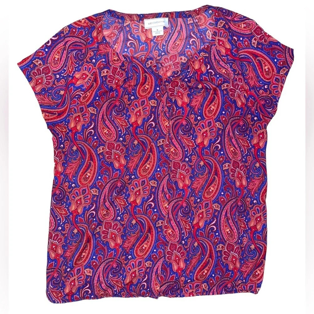 Liz Claiborne Paisley Short Sleeve Blouse Size Medium Red Blue Sheer Spring Boho